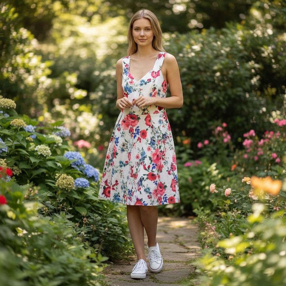 French Atmosphere Womens Floral Skater Dress White Pink Blue Mini Sleeveless L